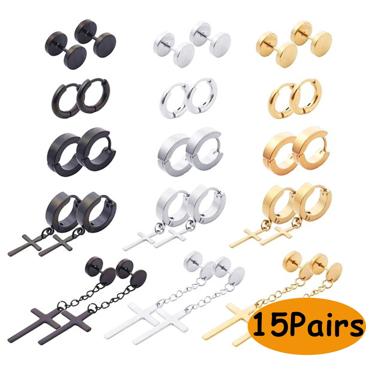 Men's Earrings Cross Hoop  Earrings for Men Women Steel Studs Hinged Dangle Earrings for Men and Women 15 Pairs