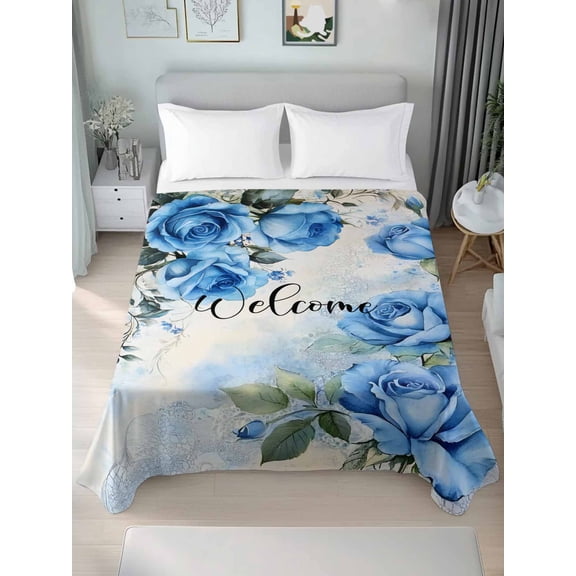 Spring Blue Rose Full Size Flat Sheet, Wrinkleproof & Fadeproof Cooling Flat Bed Sheet Only, Green Leaves Vintage Country Rustic Breathable Soft Bedding Top Sheets 81 x 96 Inches