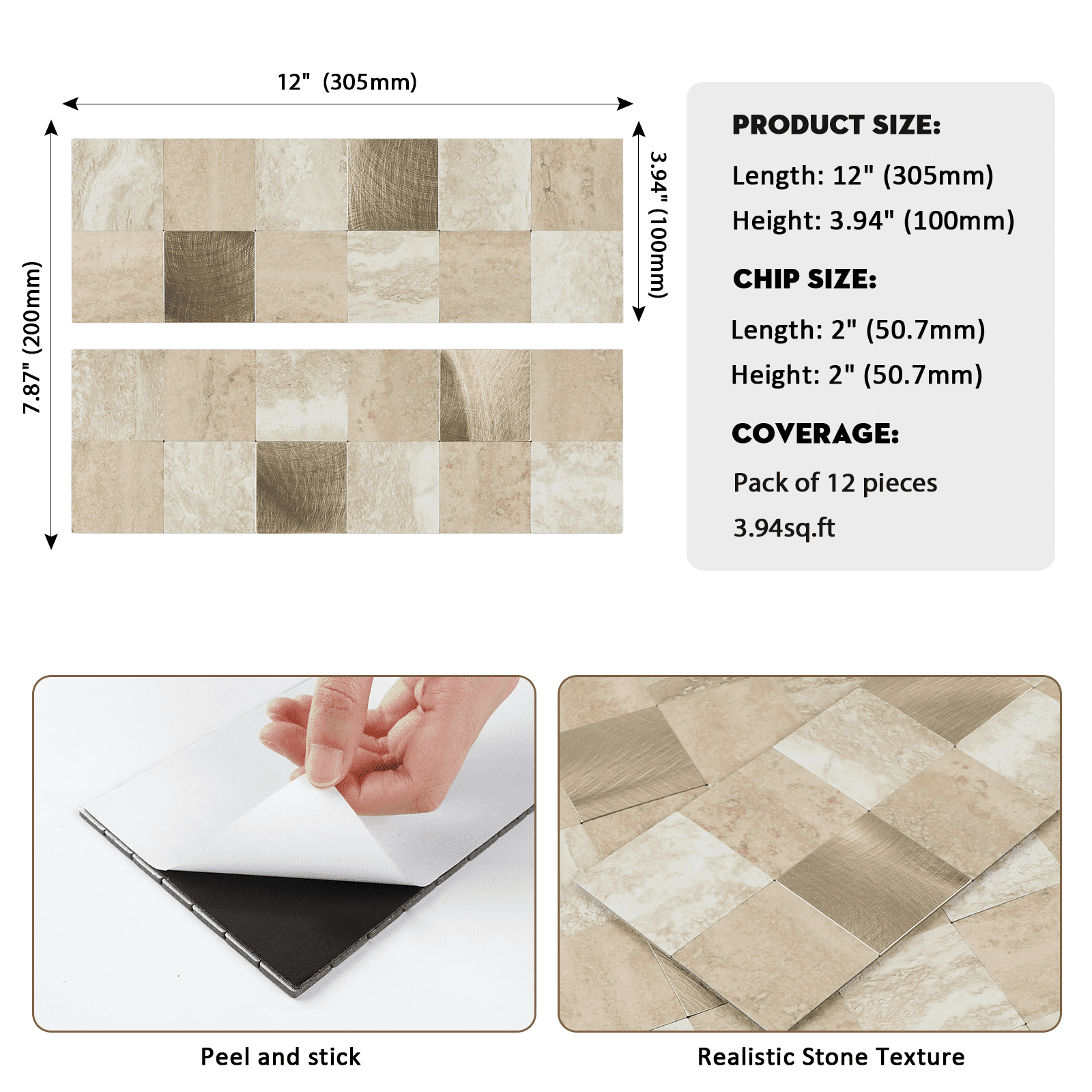 12-Sheet Peel and Stick Backsplash, 12" x 4" PVC Marble Look Self Adhesive Stick on Wall Tiles for Kitchen Bathroom Fireplace (Beige)