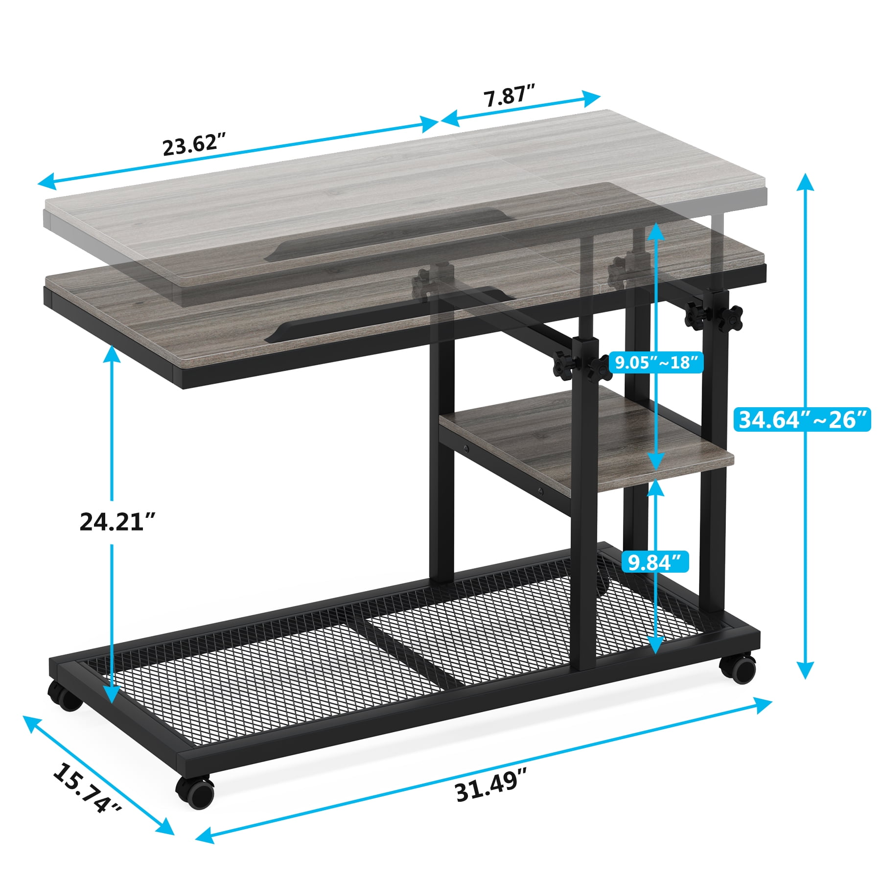 Fnova Mobile Side Table with Wheels, Snack Tray, Height-Adjustable C-Shape Desk, Tiltable Drawing Board, Laptop Stand, Storage Shelves for Living Room, Bedside Table for Couch