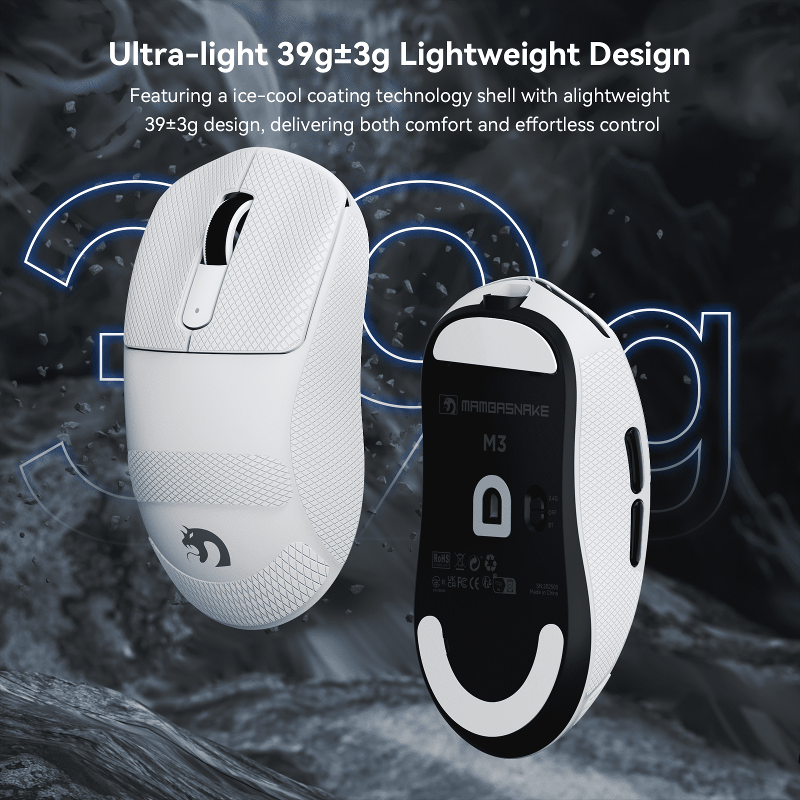 MAMBASNAKE M3 39g SUPERLIGHT Mouse, PixArt PAW3395PRO Gaming Sensor, BT/2.4G Wireless/Wired Gaming Mouse, 6 Adjustable DPI up to 40000, 200 Hrs Battery, Office Mice for PC/Win/Mac - White&Tape