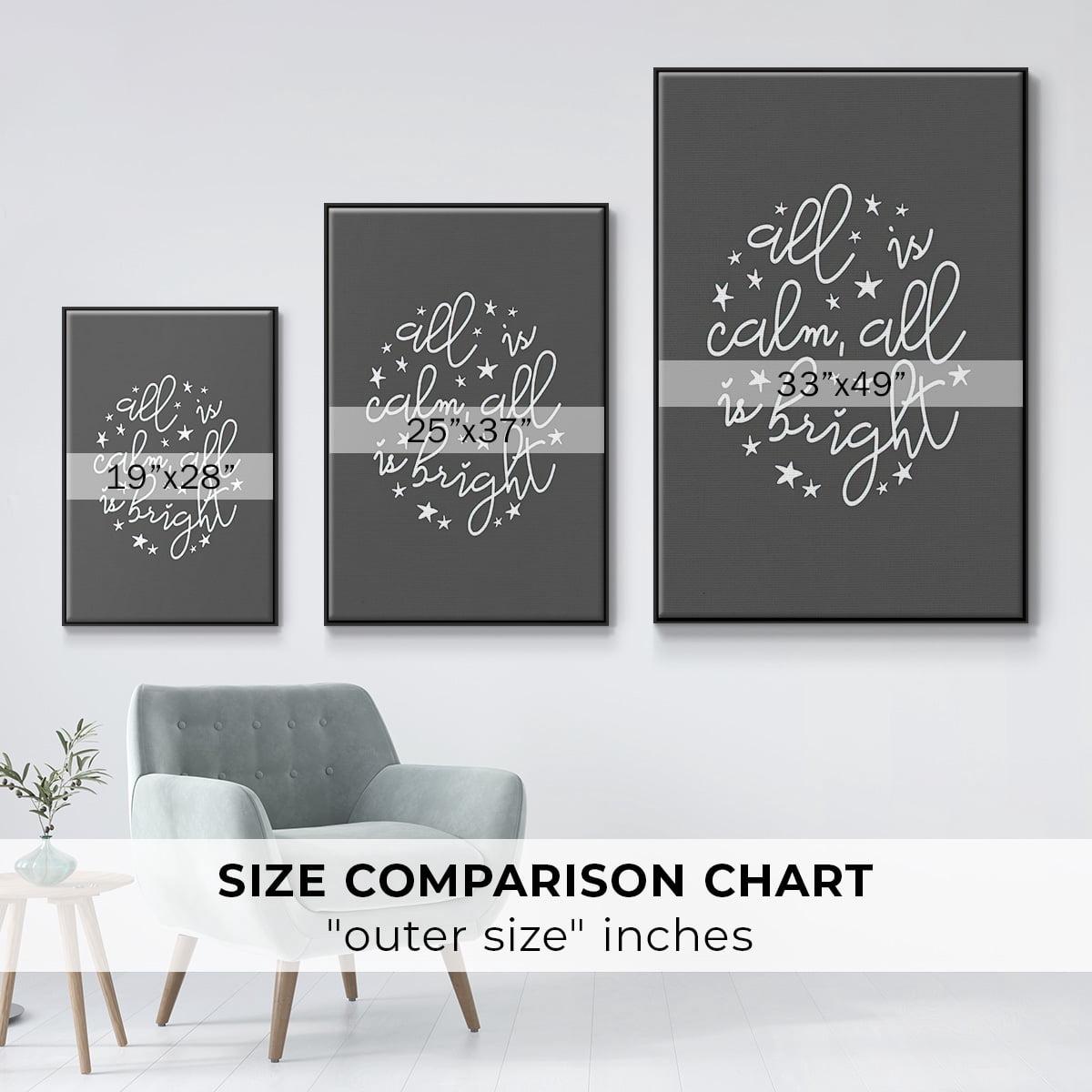 All is Calm, All is Bright - Dark Gray - Framed Gallery Wrapped Holiday Canvas - 17 x 25 - Black Frame