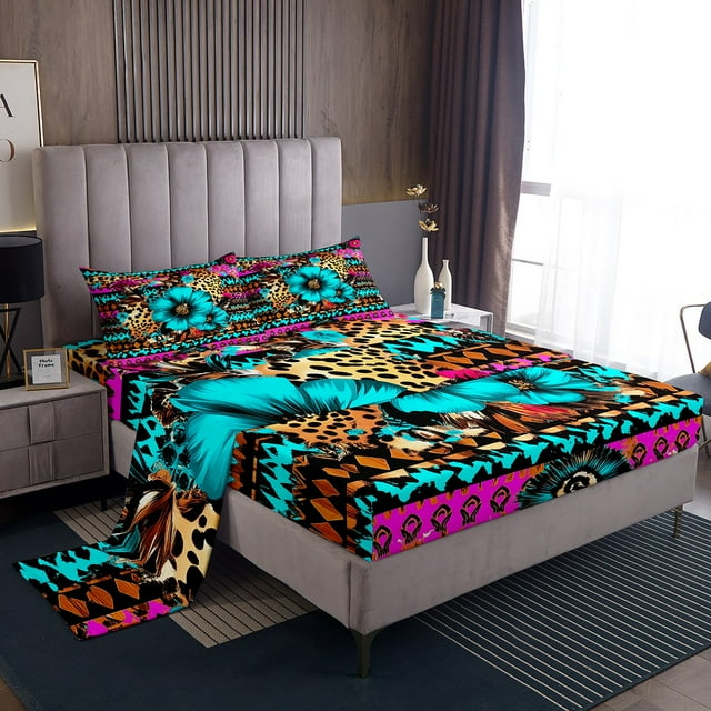 YST Boho Flower Sheet Set Twin Western Aztec Bedding Set Floral Leopard Print Bed Sheets For Kids Boys Girls,Abstract Geometric Pattern Bed Sheet Set 3 Piece Bedroom Decor