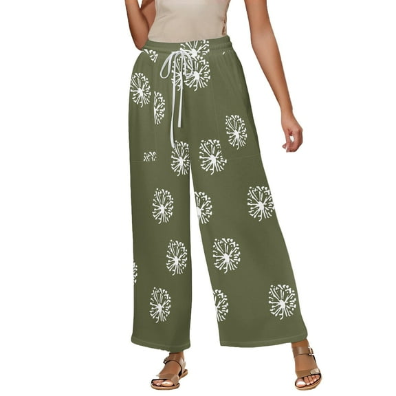 WTOBBY Women's Summer Floral Print Cotton Linen Loose Casual Elastic Tie Waist Ankle Pants with Pockets, Flowy and Comfortable for Daily Use,Army Green L