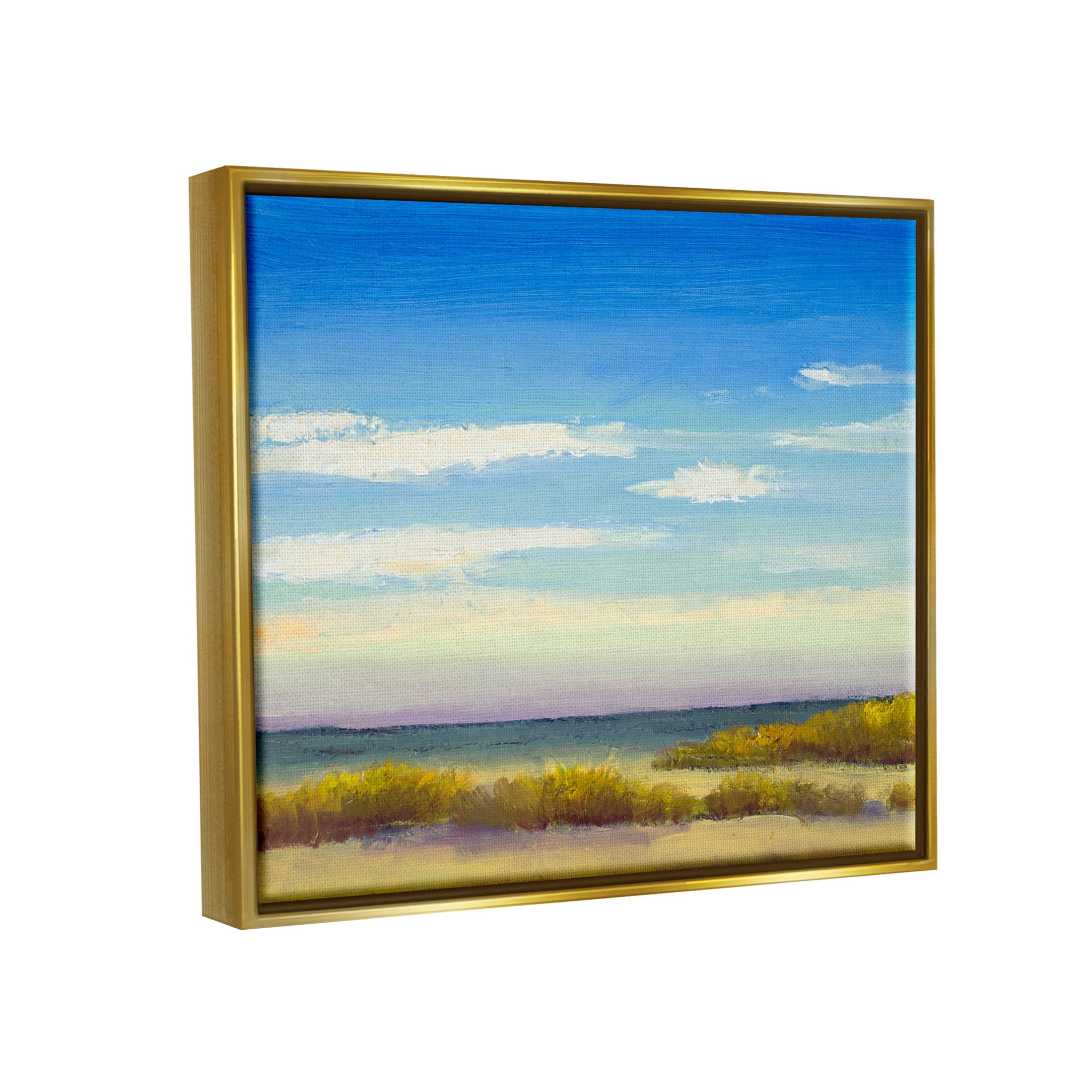 Coastal Beach Vivid Blue Sky Coastal Painting Metallic Gold Framed Art Print Wall Art