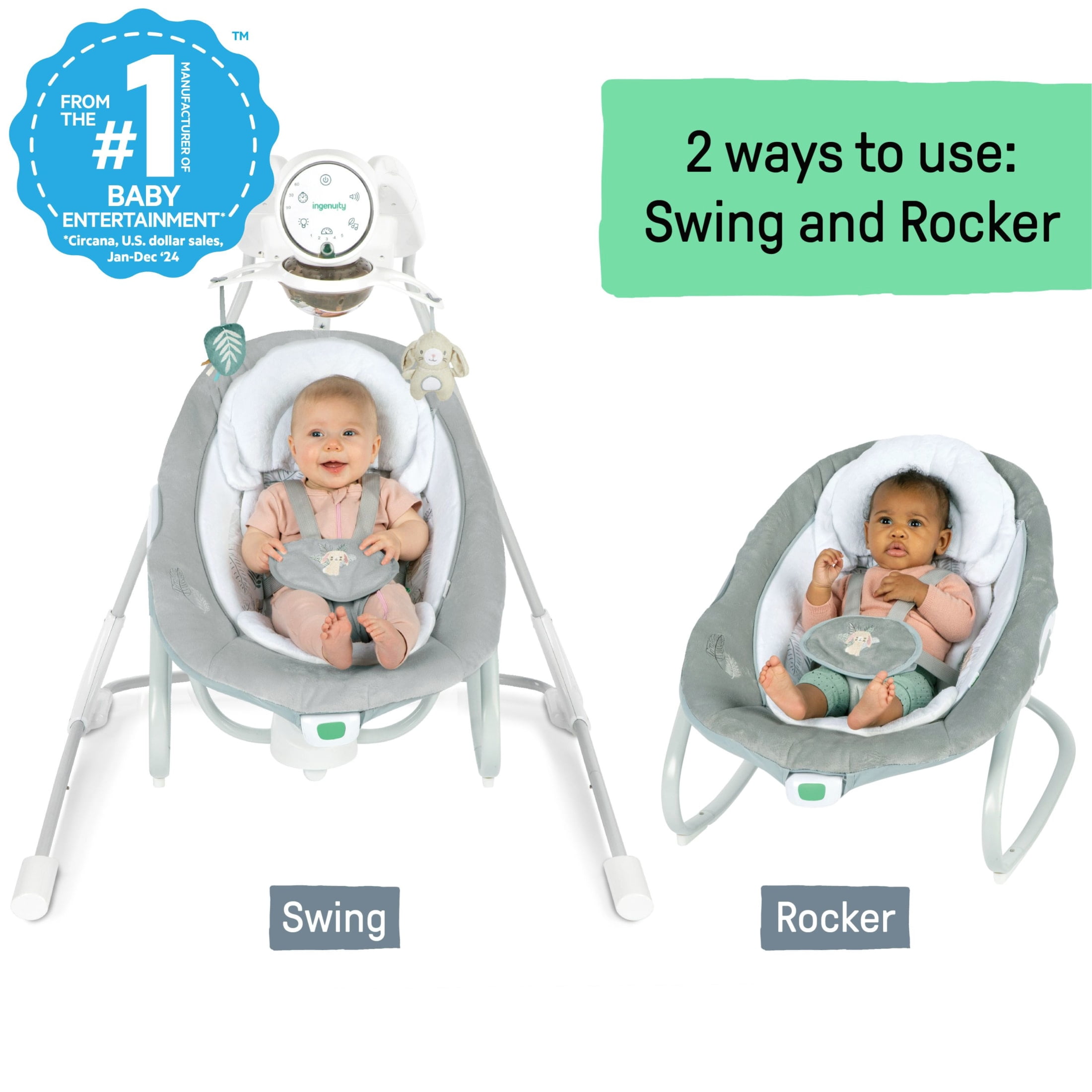 InLighten Soothing Swing & Rocker, Vibrating Swivel Infant Seat, Soothing Sounds, USB-Powered, Gray