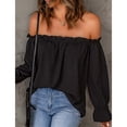thumbnail image 4 of Blusa de gasa con hombros descubiertos, color liso, ribete de volantes, manga larga, camiseta con hombros descubiertos para dama, chica, mujer, citas, negro, M, 4 of 8