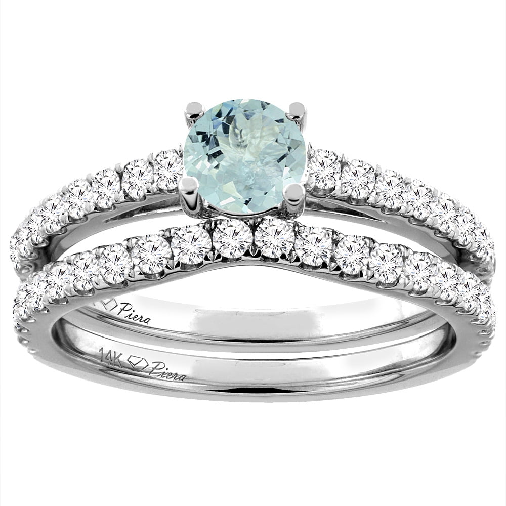 14K White Gold Diamond Natural Aquamarine Engagement Bridal Ring Set Round 6 mm, size 5 by Gabriella Gold