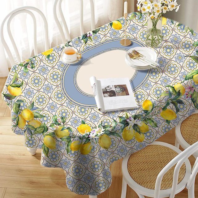 Oval Lemon Tablecloth 60x120inch, French Lemon Country Farmhouse Spring Summer Waterproof Wrinkle Resistant Washable Tablecloth for Indoor and Outdoor, Holiday Kitchen Restaurant and Party