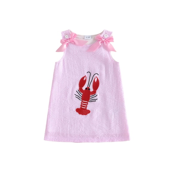 BemeyourBBs Toddler Baby Girl Summer Tank Dress Cute Infant Baby Girl Crayfish Outfit Sleeveless Lobster Embroidery Striped A-Line Dress Toddler Baby Girl Summer Clothes