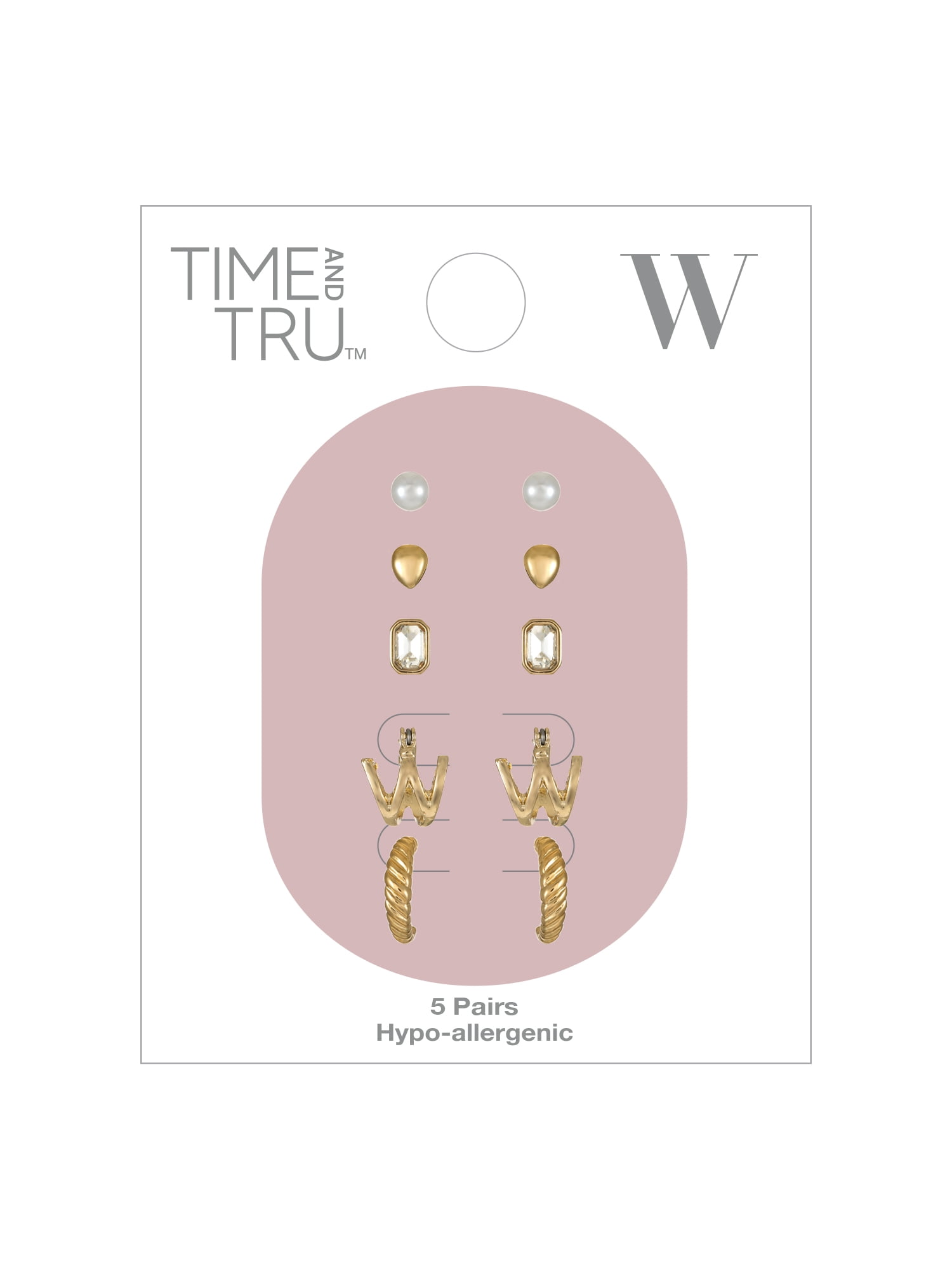 Time and Tru Goldtone Multi Earring Set, 5 Pairs, Initial W