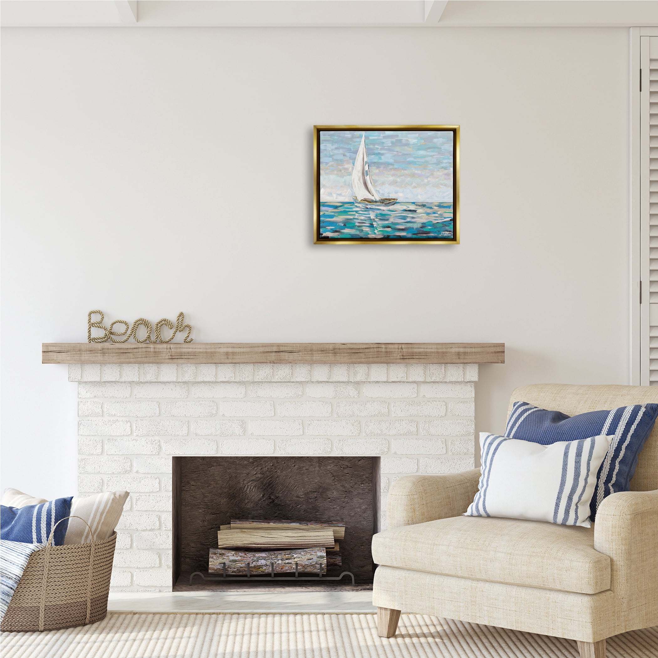 Stupell Industries Abstract Sailboat Painting Transportation Painting Gold Floater Framed Art Print Wall Art, 21 x 17