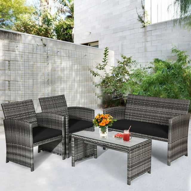 Gymax Ensemble de Conversation en Rotin pour Patio Extérieur 4 Pcs avec Coussin Noir