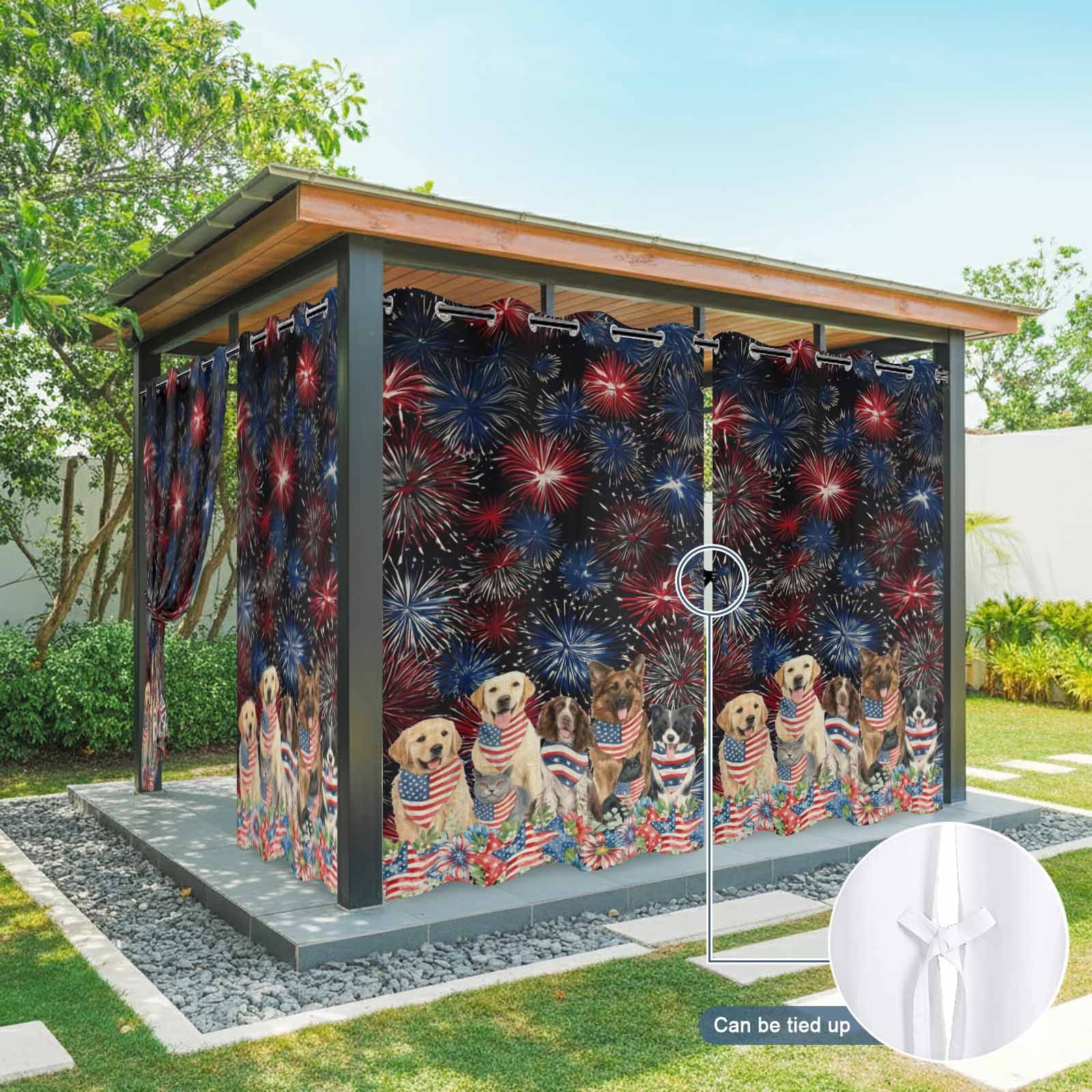 Independence Day Dog Cat Outdoor Curtains for Patio, Watercolor Red Blue Stripe Star Flag Firework Sunshade Privacy Drapes Grommet Waterproof Outside Curtains for Porch Balcony 54"x108", 1 Panel