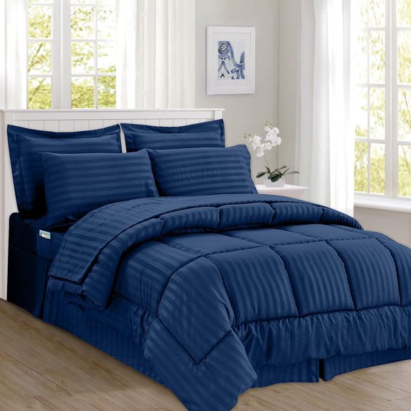 Cozy & Soft 8-Piece Bedding Set - Includes Comforter, Smart Sheet Set, Bed Skirt, Matching Pillowcases and Shams, Striped Design, Full/Queen, Navy Blue Comforter Set