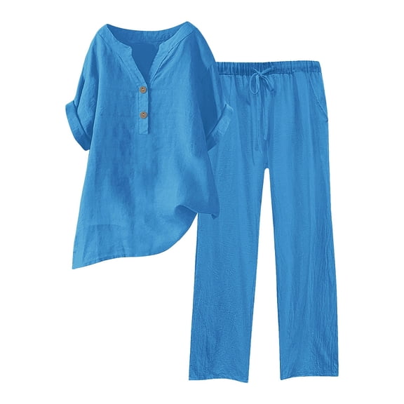 Womens Summer Outfits Daily Casual Solid Short Sleeve V Neck Shirt Tops Pockets Elastic Waist Long Pants Shirt Trousers Set Womens Fashion Clothing