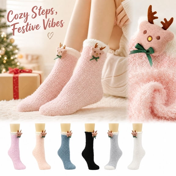 Kamentoy Socks For Women Christmas Thick Coral Fleece Fuzzy Mid Calf Crew Socks Soft Warm Plush Sleep Socks for Ladies Fall Winter Indoor Lounging Rest Christmas Holiday
