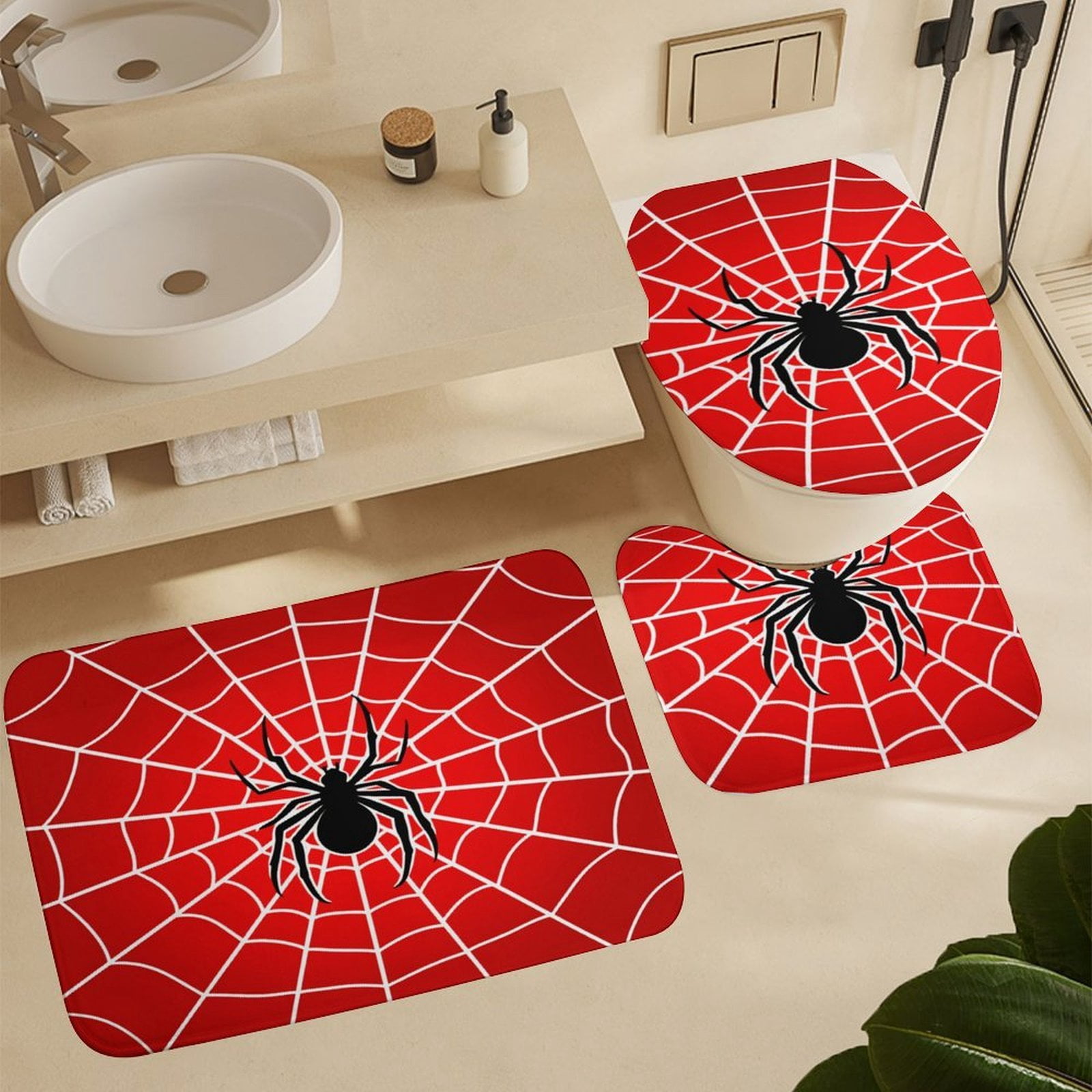 Red Spider Web Black Cartoon Shower Curtain Set Modern Bathroom Decor Mats 4pcs Fabric Bathroom Curtain Slip Floor Rug Toilet Lid
