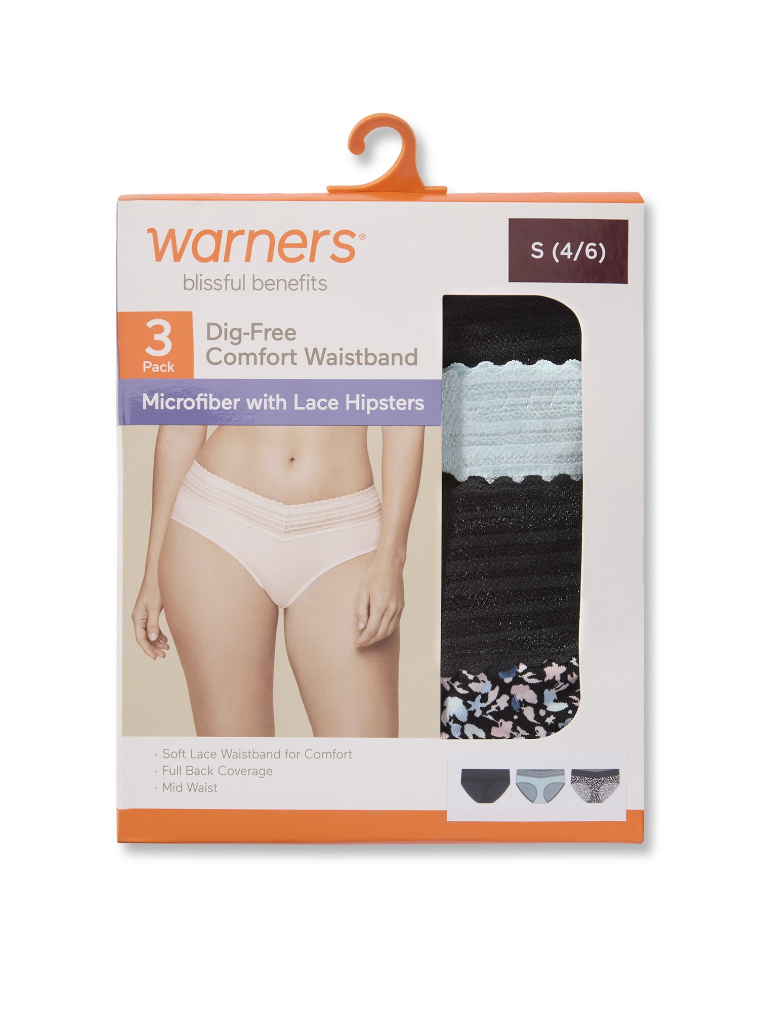 Warners® Blissful Benefits Women's Dig-Free Comfort Mid Waist Microfiber Hipster With Lace 3-Pack S-3XL