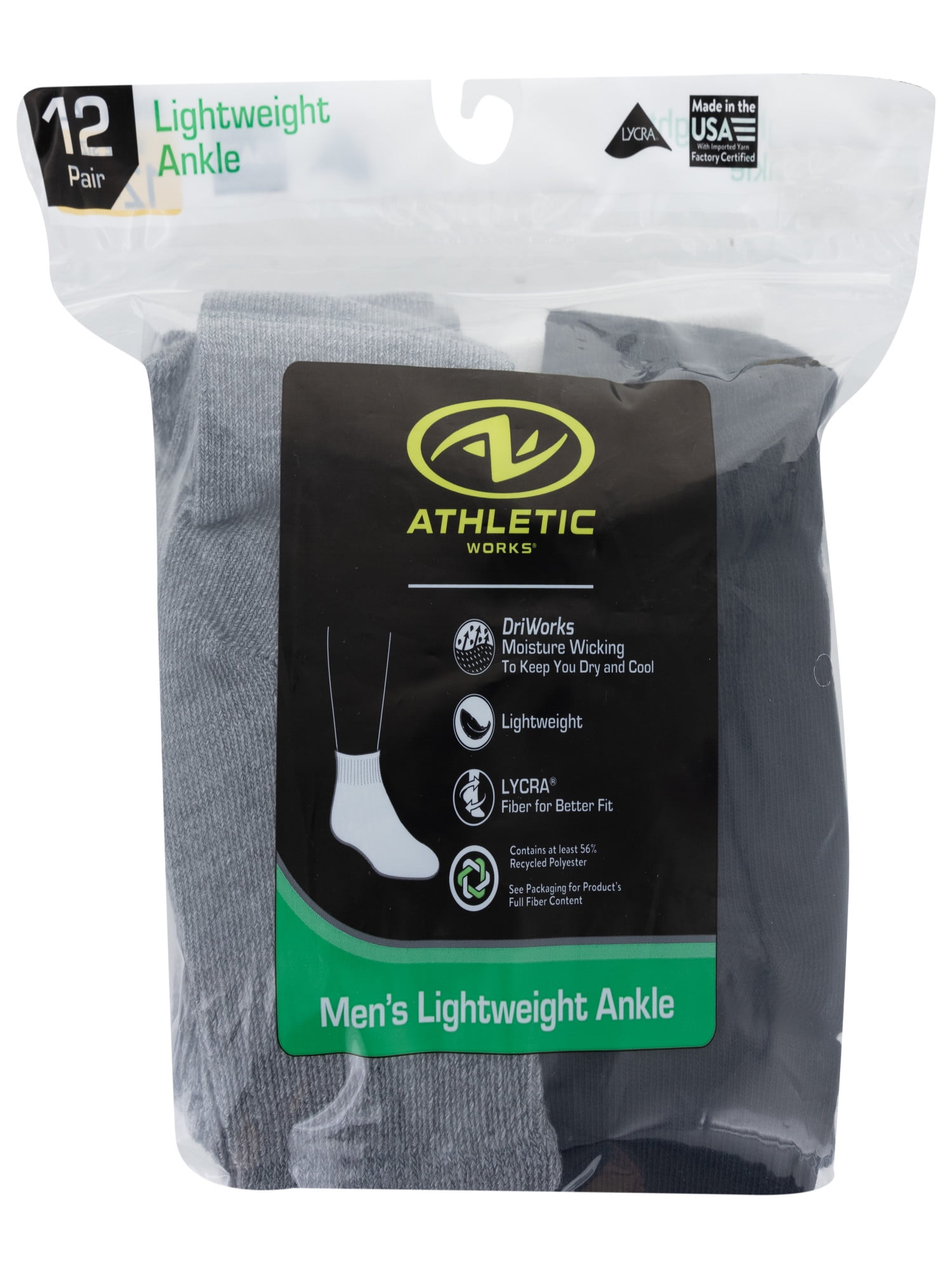 Athletic Works Men's Lightweight Ankle Socks, 12-Pack, Moisture-Wicking, Lightweight Fabric, Fits Shoe Sizes 12-15