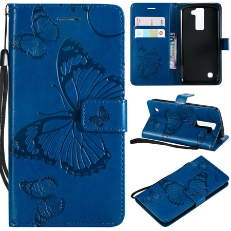 LG K8 K7 Wallet case, Allytech Retro Embossed Butterfly Flip Case Soft TPU Flower Inner Bumper Card Holder Wrist Strap Protective Phone Case for LG K7 / K8 / Escape 3 / Tribute 5 (MA1380), Blue