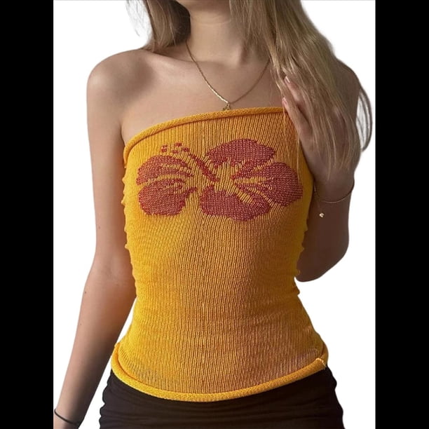 Top de Tubo Sin Tirantes con Estampado Floral para Mujer, Estilo Y2K, de Punto, Estilo Bandeau, para Verano M