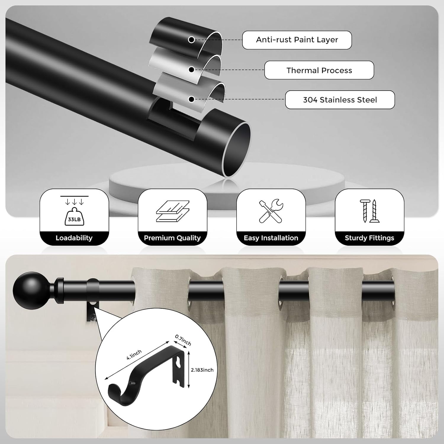 UniMall 2 Pack Curtain Rods 48 to 84 Inch, Black 1 Inch Adjustable Heavy Duty Curtain Rods for Windows, Decorative Modern Window Treatment Rod, Splicing Metal Drapery Pole, Easy Installation