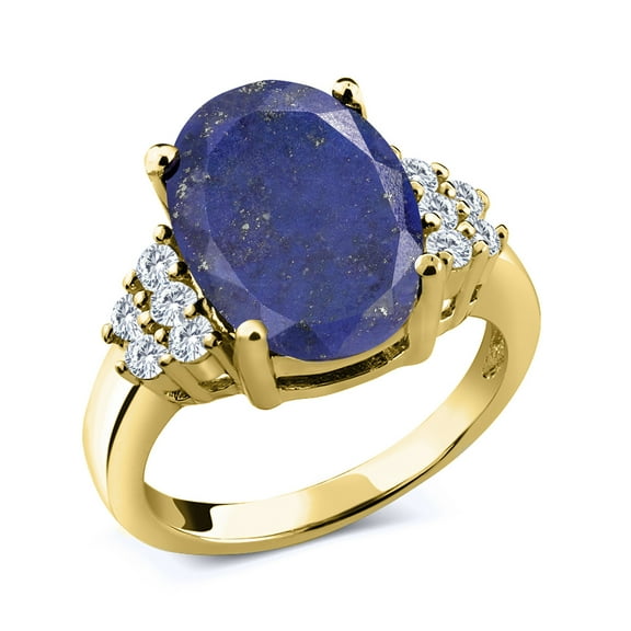 Gem Stone King 18K Yellow Gold Plated Silver Ring Oval Blue Lapis and Moissanite (4.38 Cttw, Size 5)