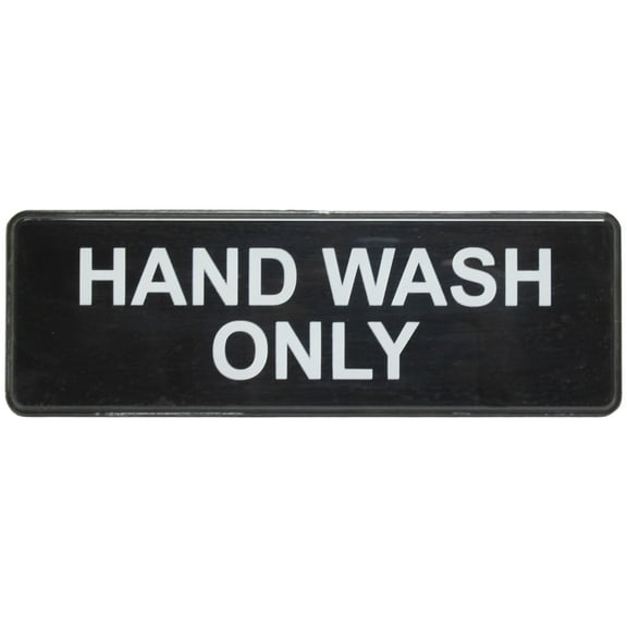Excellante White on black 9 x 3 inch information sign with symbols - hand wash only, comes in each