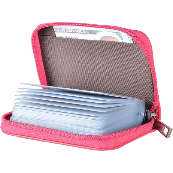 Easyoulife Genuine Leather Credit Card Holder Zipper Wallet With 26 Card Slots Rose