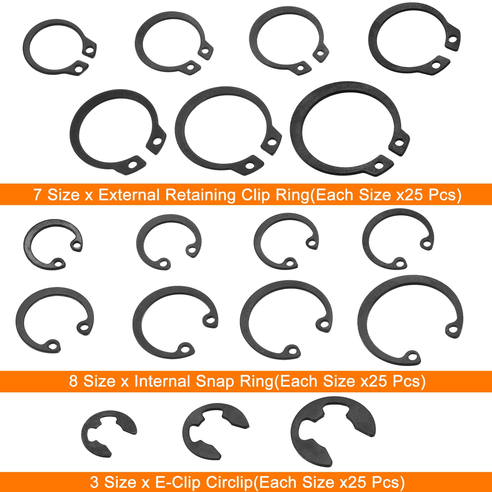Uxcell 450Pack Circlip Snap Rings Set, 18 Sizes Include External Retaining Clip Ring, E-Clip Circlip, Internal Snap Ring