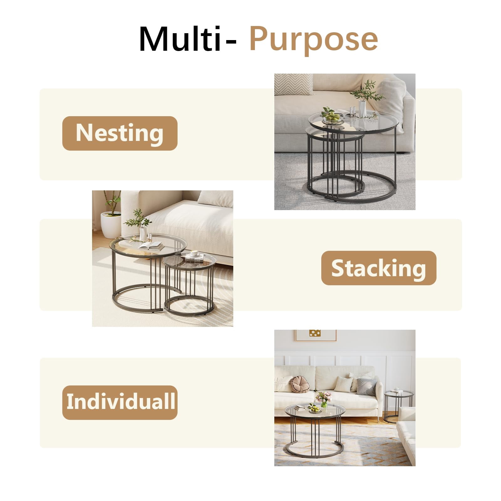 Nesting Coffee Table, 23.6" Round Coffee Table Set of 2, Glass Nesting Table with Metal Frame, Ceter Tables for Living Room Bedroom Balcony, Black