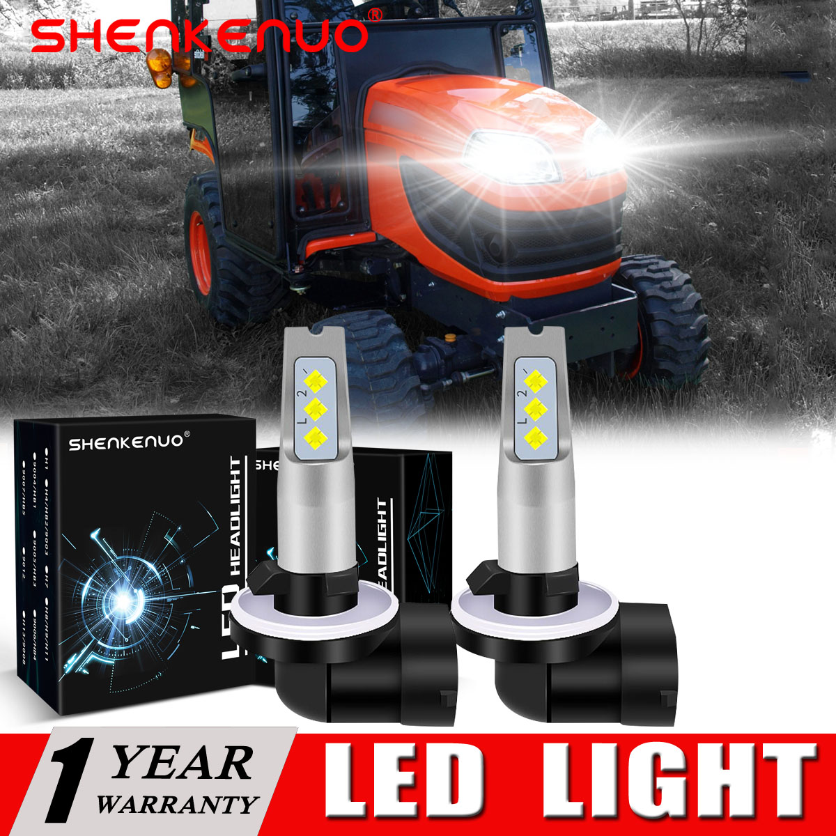 SHENKENUO 6K LED Headlight Bulbs for Kubota BX1870 BX2360 BX2370 BX2370-1  BX24D K7571-54340,6000k White,Pack of 2,C22
