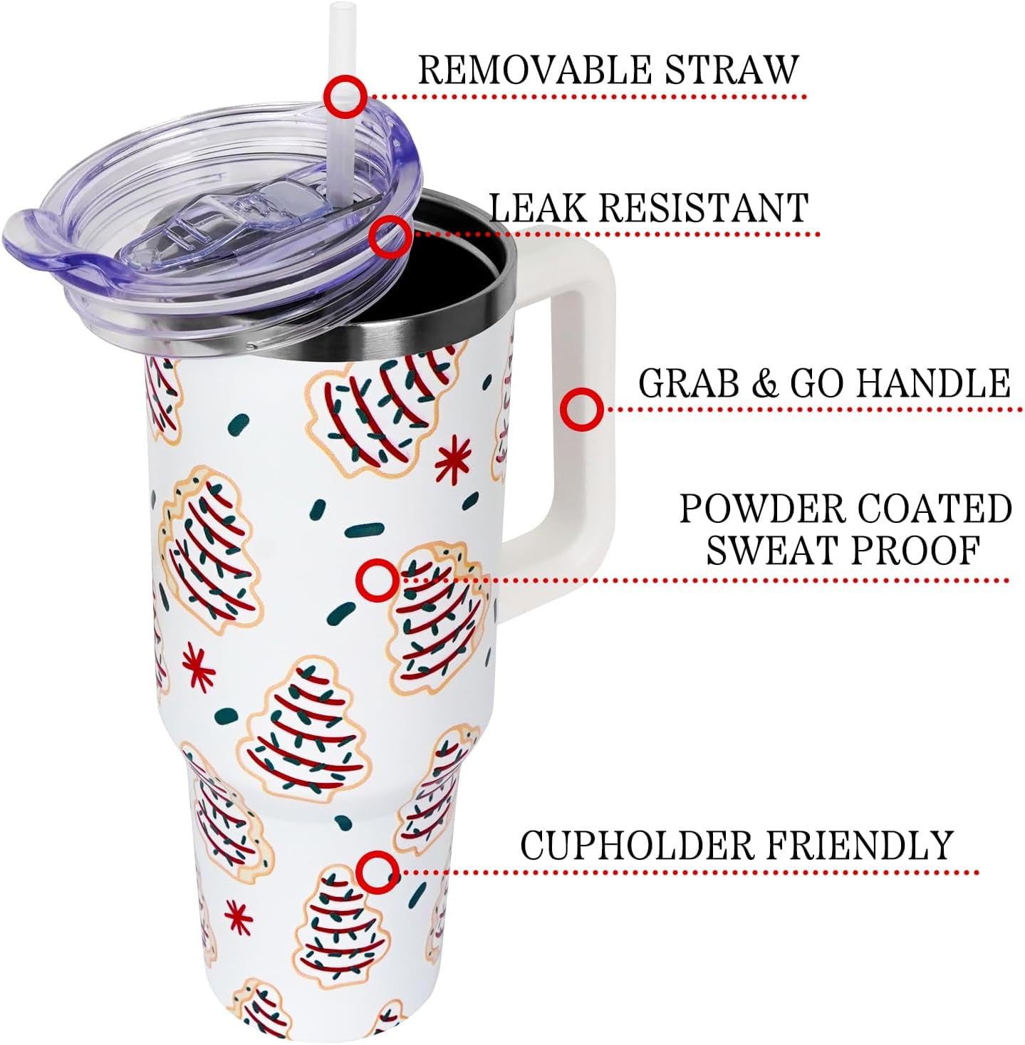 Christmas Gifts 40 oz Tumbler with Handle and Straw Lid,Cute Gifts for Women Christmas Tree Snack Cake Vacuum Insulated Leak Proof Tumbler,Winter Holiday Accessories Stainless Steel Coffee Cup Mug