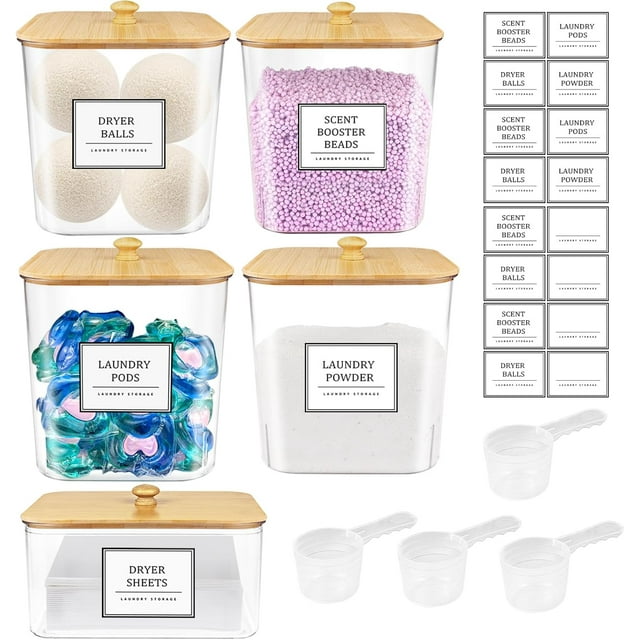 4+1 Pack Laundry Room Organization Containers,Clear Laundry Pods Container,Large Laundry Detergent Powder Storage Containers with Wooden Lids & Labels,Laundry Pods Holder for Scent Booster,Powder,Pods
