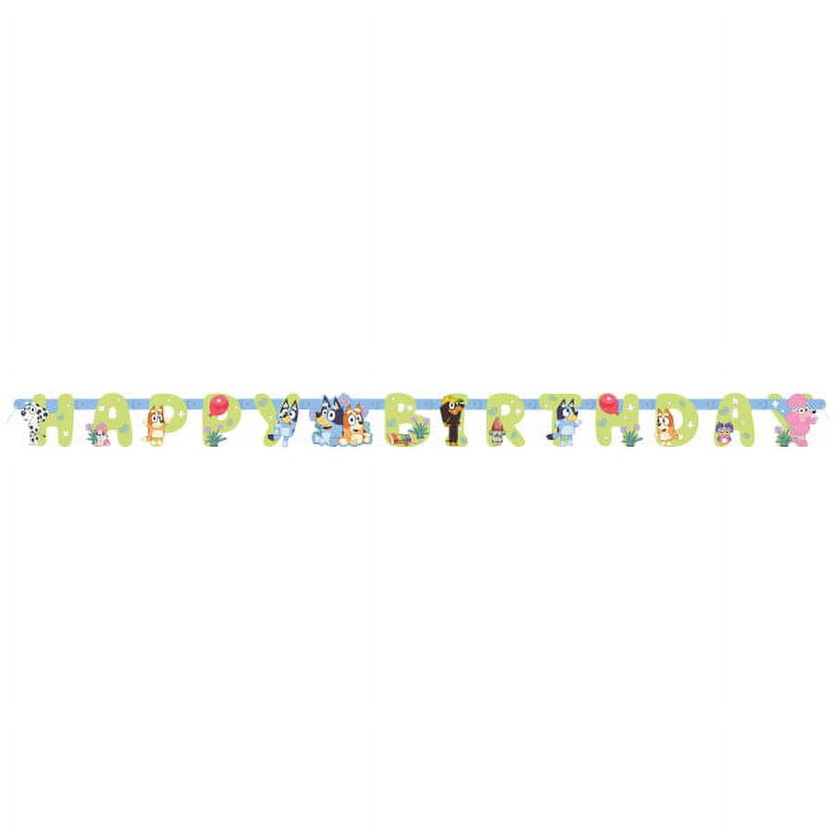 Bluey Birthday Party Bundle Pack includes 16 Dessert Cake Plates, 16 Lunch Plates, 16 Beverage Cake Napkins, 16 Lunch Napkins, 1 Table Cover, 1 Happy Birthday Banner (Bundle for 16)