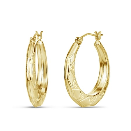 18k Golden Earrings - 18K Gold Over Sterling Silver Octagon Shape Engraved Hoop Earrings
