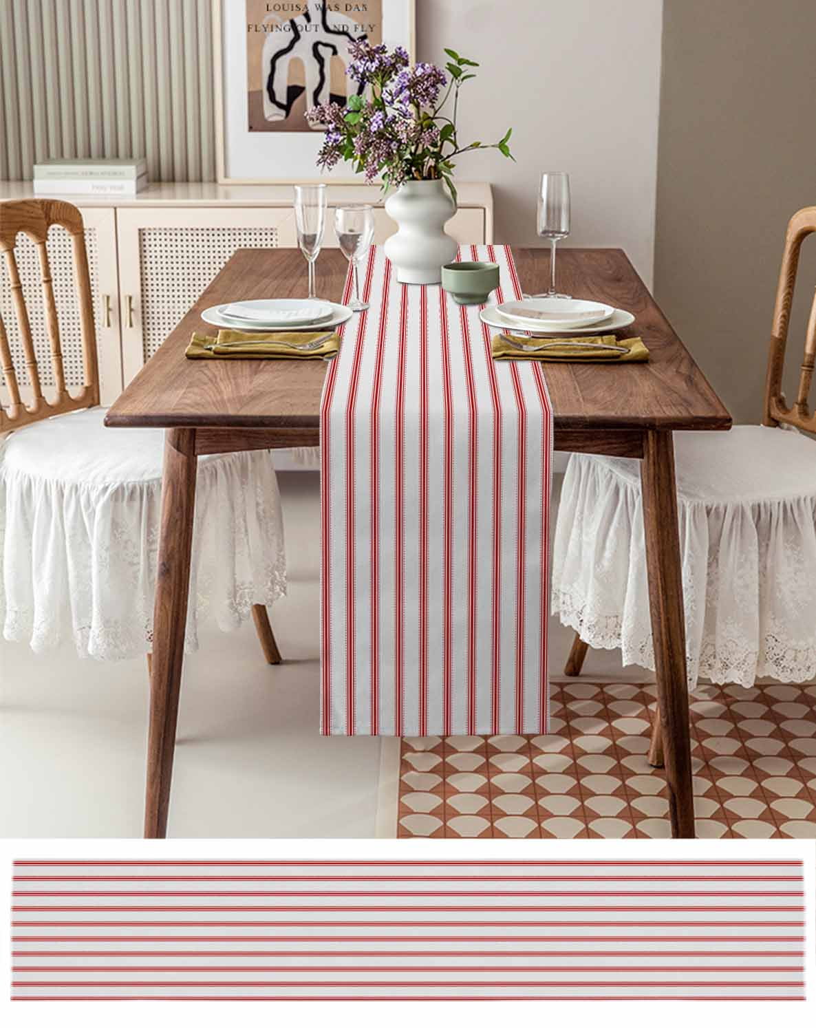ERUNPONLY Red Striped Table Runner - 60 Inch Long Red White Stripes Farmhouse Cotton and Linen Blended Dress Scarves Farmhouse Table Runner for Kitchen Dining, Coffee Table, 13" x 60"