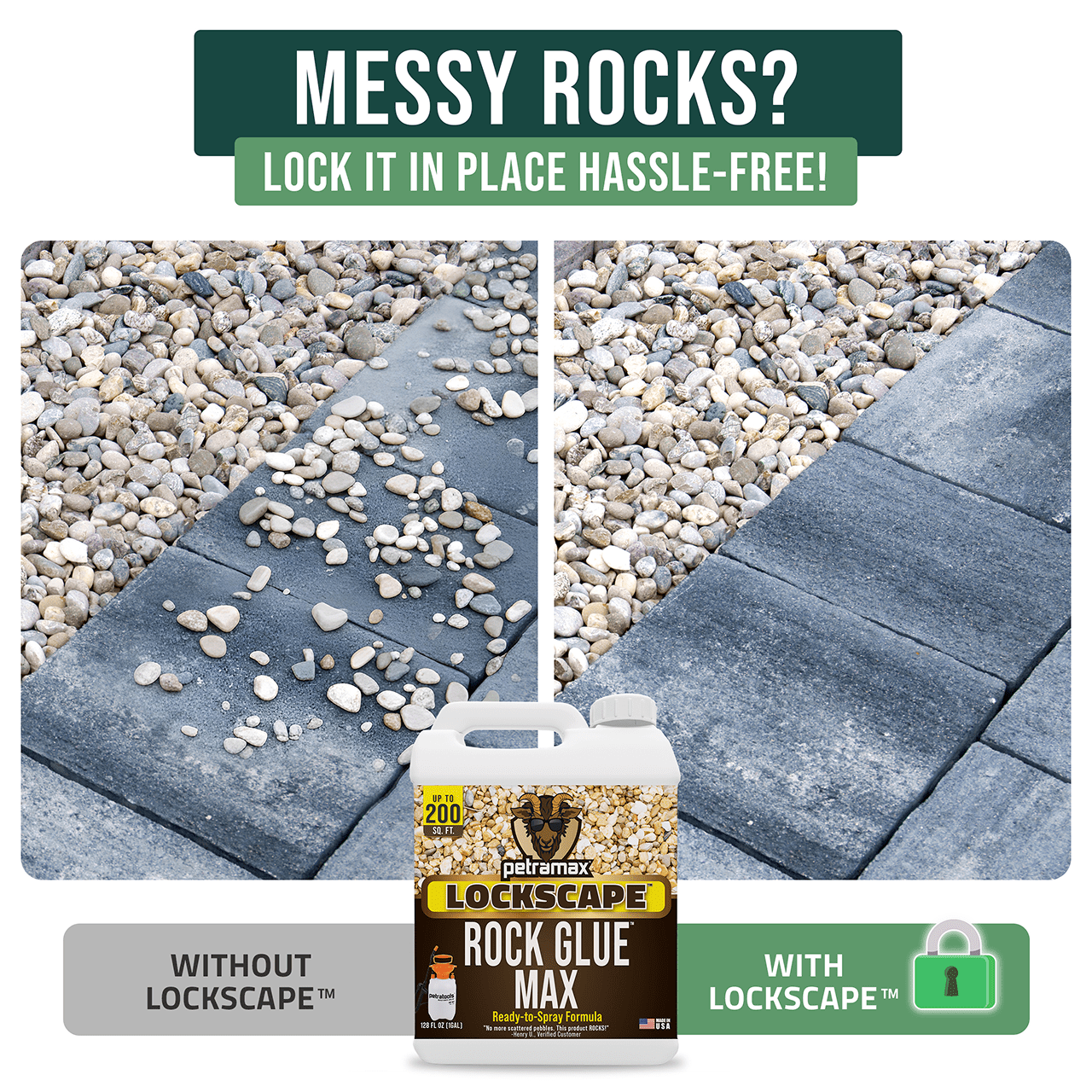 PetraMax Lockscape Rock Glue for Landscaping, 1 Gallon - 100% Permeable & Pet-Safe Landscape Adhesive for Stones & Pebbles - Ready to Spray Pea Gravel Binder & Mulch Glue for Landscaping