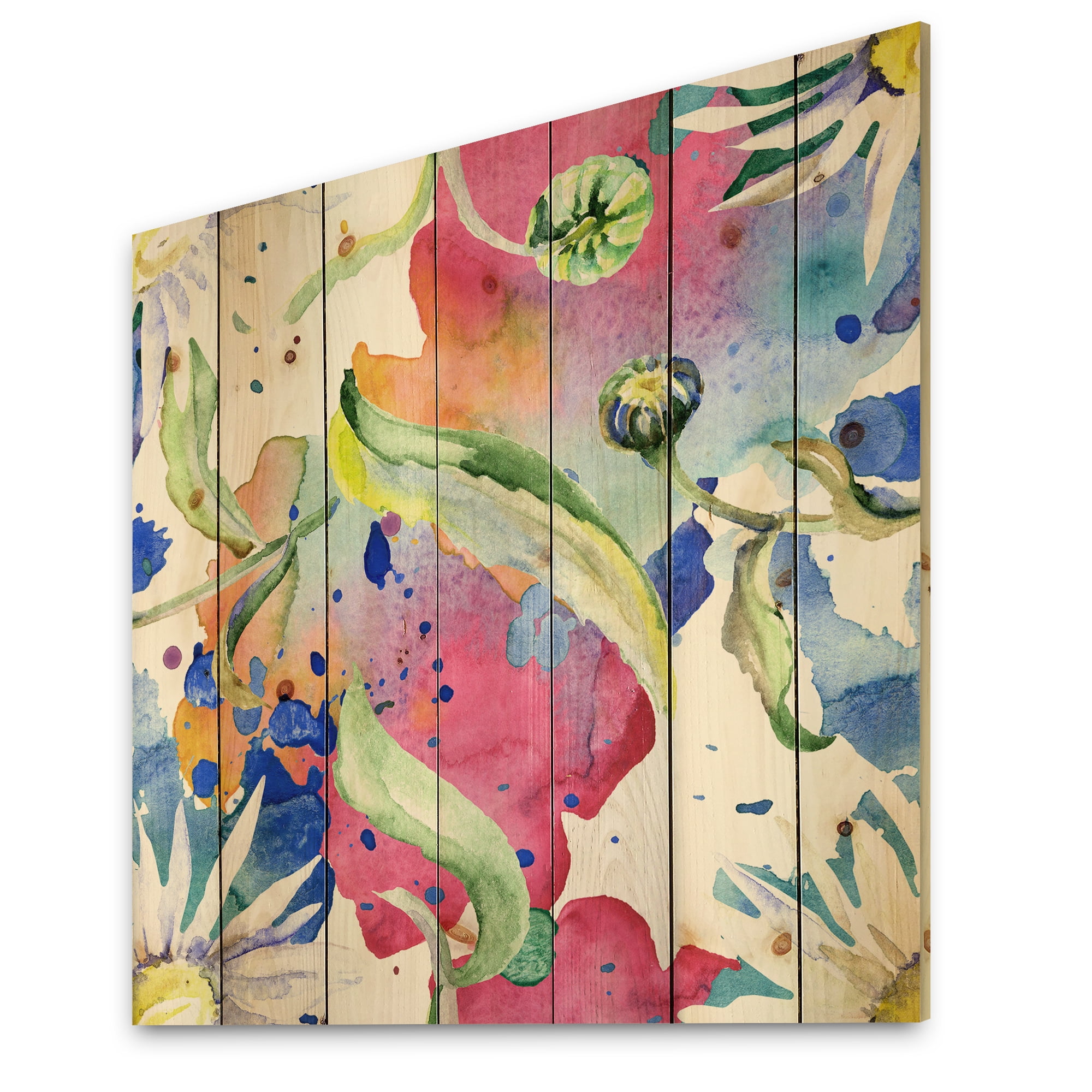 Designart 'Iridiscent Colorful Daisy Flowers' Transitional Print on Natural Pine Wood