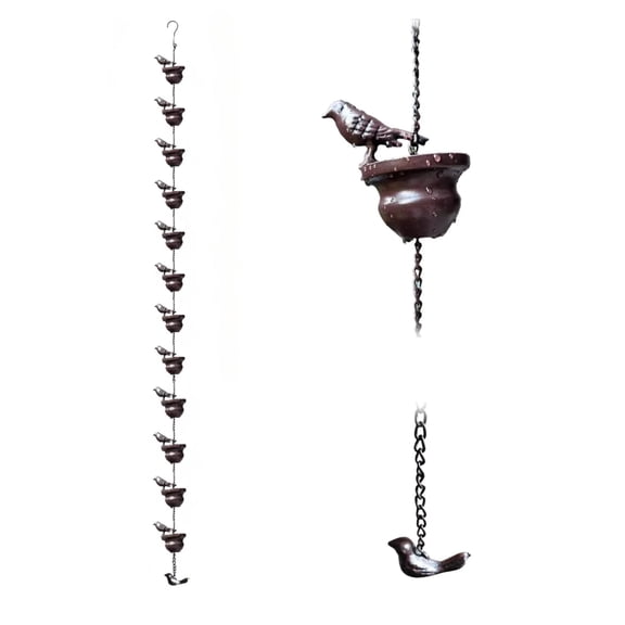 11.1 FT Rain Chains for Gutters,Rustic Iron Decor with Anti-Rust Coating,Alternative to Traditional Downspouts, with 12 Cups and 13 3D Bird Models, Rain Chains for Outside Made Easy to Hang