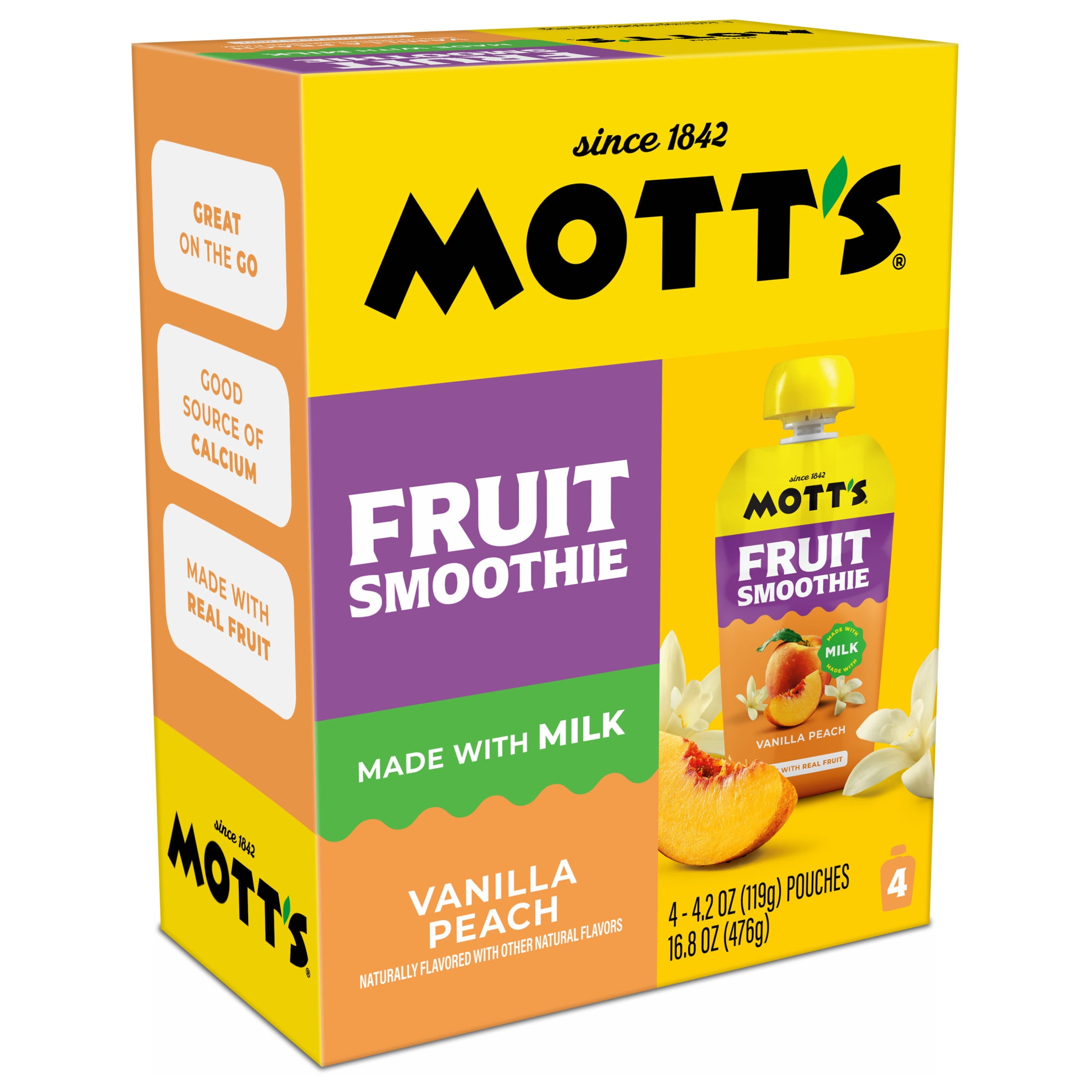 (3 pack) Mott’s Fruit Smoothie Vanilla Peach, 4.2 oz, 4 Pack Pouches
