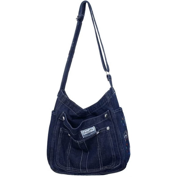 Vintage Denim Purse Multi-pocket Tote Bag for Women Grunge Crossbody Shoulder Bags Retro Street Hippie Commuter Bags