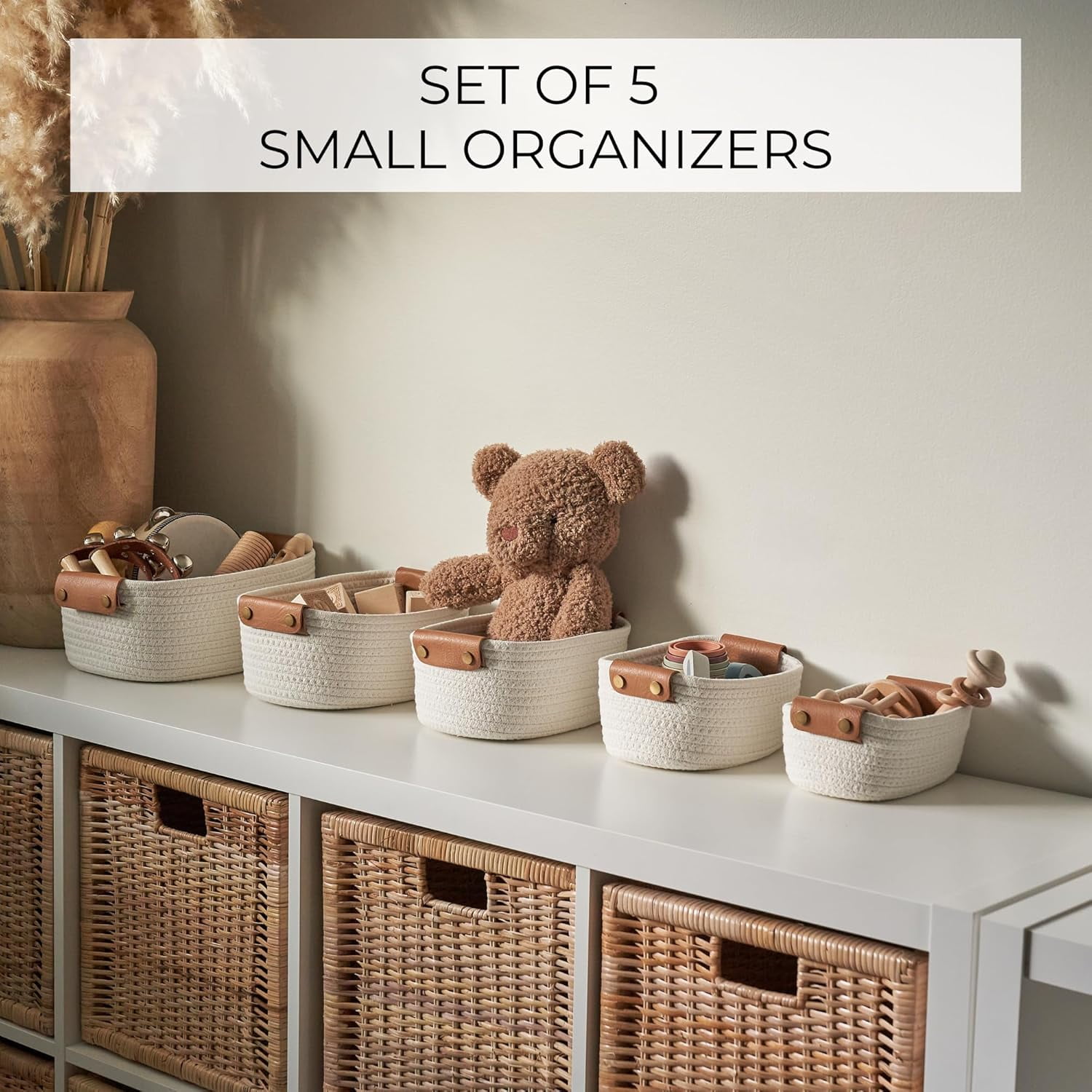 5 Pack Storage Baskets Set , Natural Woven Cotton Rope Organizer Bins for Shelves, Closet, Bathroom , Foldable Home Decor Basket for Bedroom, Living Room , Farmhouse, Modern Style