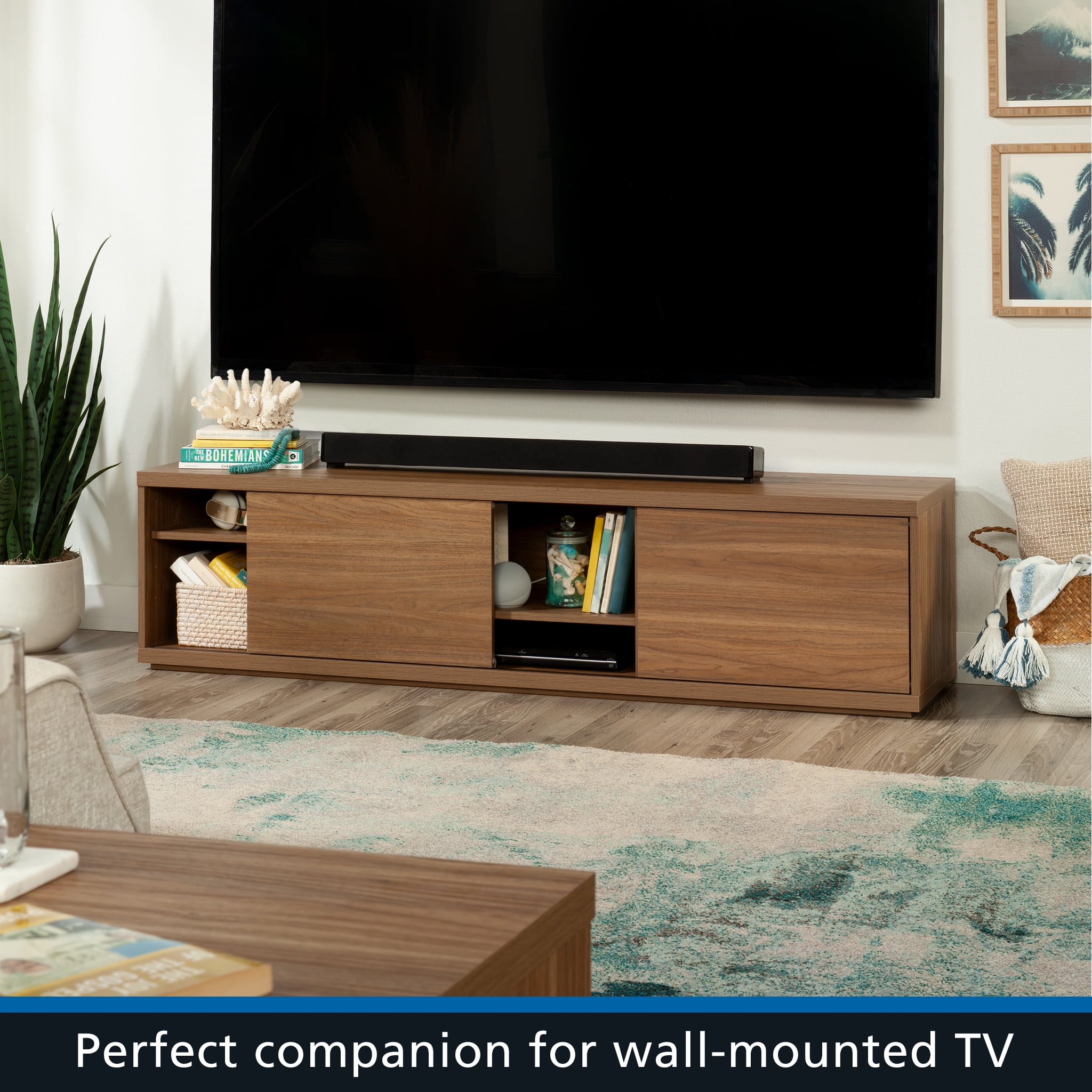 Mainstays Westley Sliding Door TV Stand for TVs up to 75”, Warm Walnut Finish