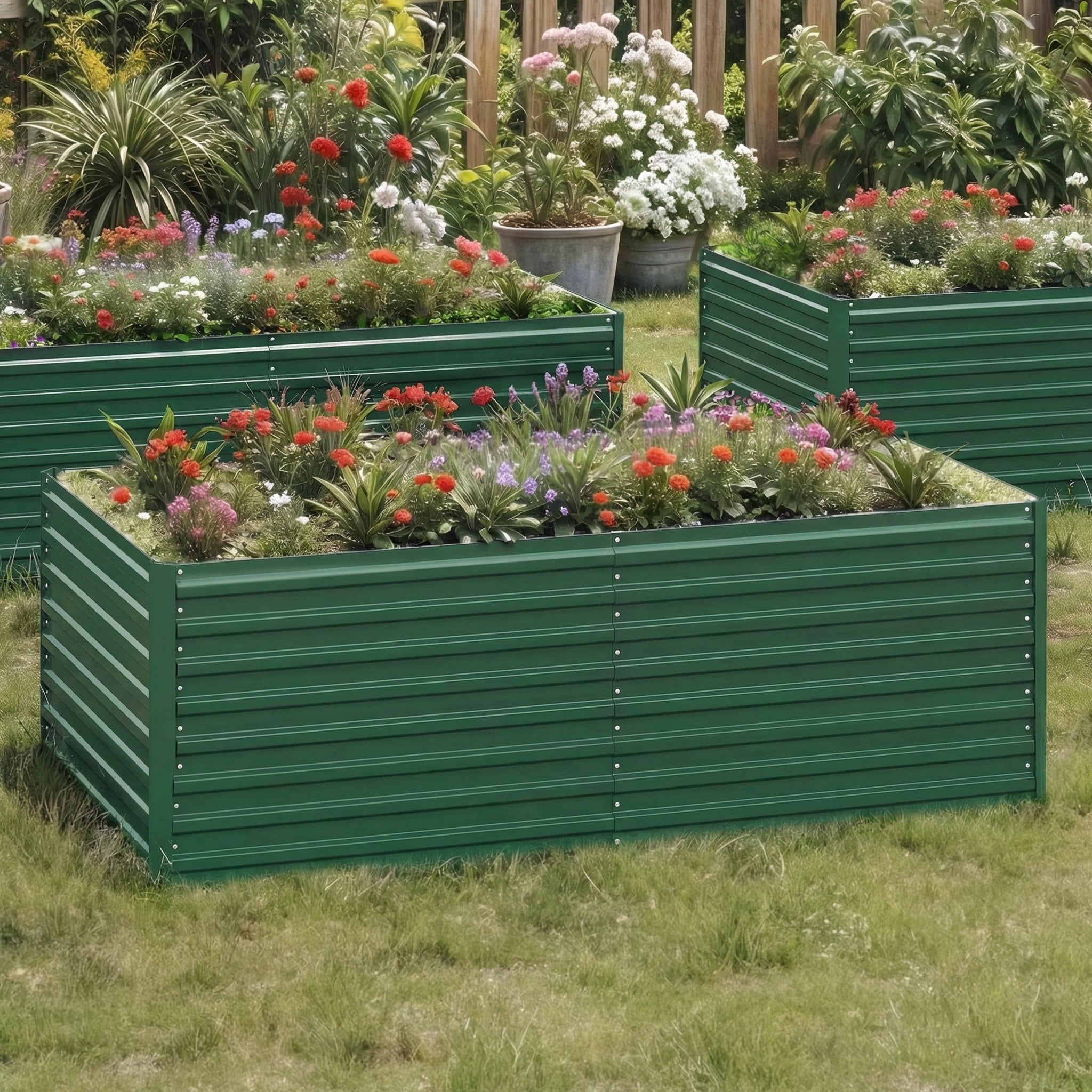 Uforic 6x3x2 ft 2-Pack Galvanized Raised Garden Bed Kit, Green Metal Planter Box with Gloves, Ground Nails & Support Rod, Outdoor Above Ground Planter for Vegetables, Flowers, Plants