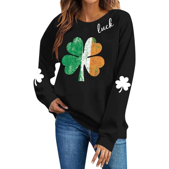 Uootdi St Patricks Day Long Sleeve Shirts for Women Comfort Crewneck Casual Irish Shamrock Print Pullover Tops Lucky Leaf Clover Sweatshirts Gift