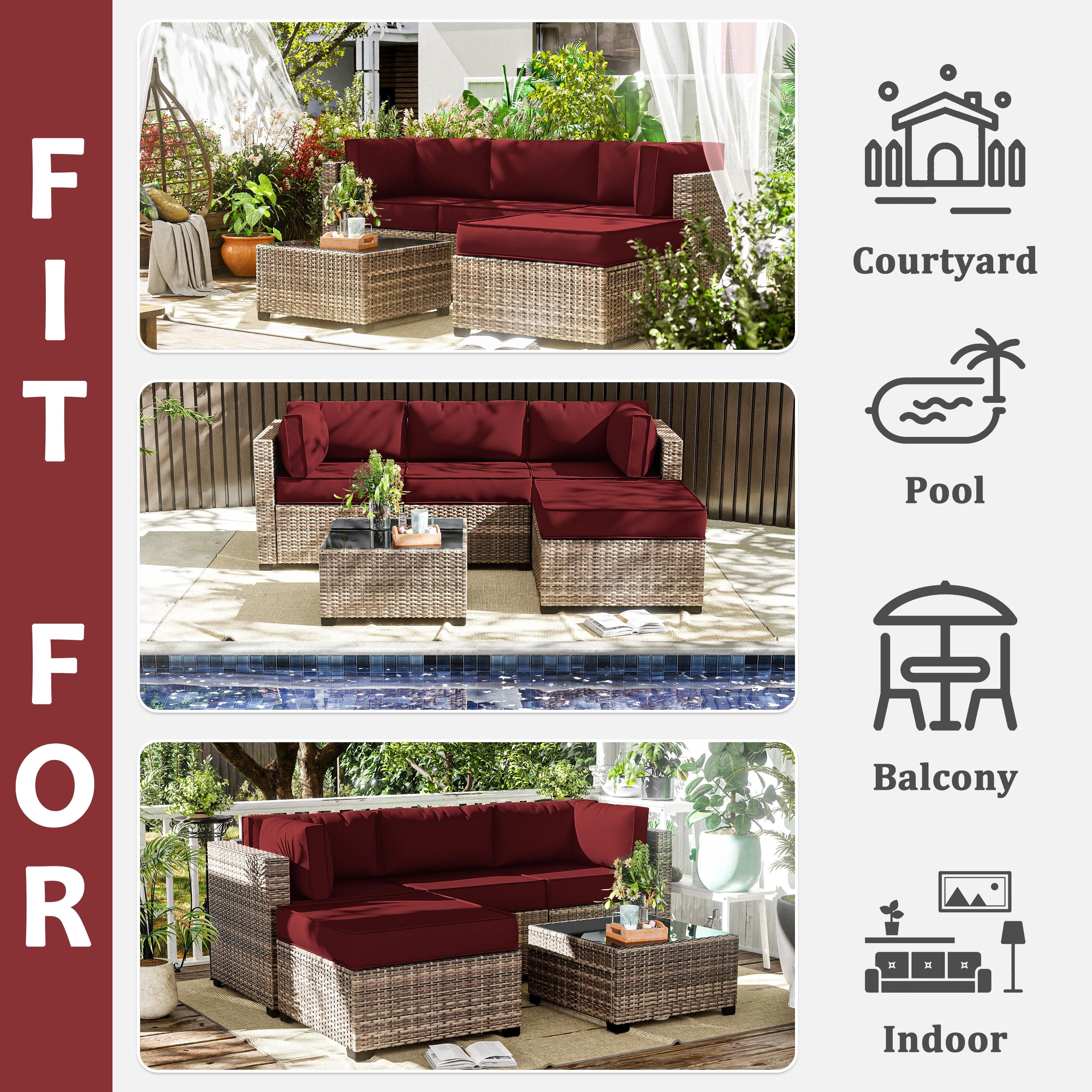 Pakunoda 9Pcs Outdoor Cushion Covers for Patio Furniture, Washable Reusable Outdoor Slipcovers for Cushions Replacement Cover with Zipper for Sofa Couch, Cover Only, Burgundy