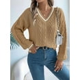 thumbnail image 3 of Women'S Casual V Neck Long Sleeve Sweater Trendy Striped Pullover Cable Knit Preppy Sweaters Khaki L, 3 of 8