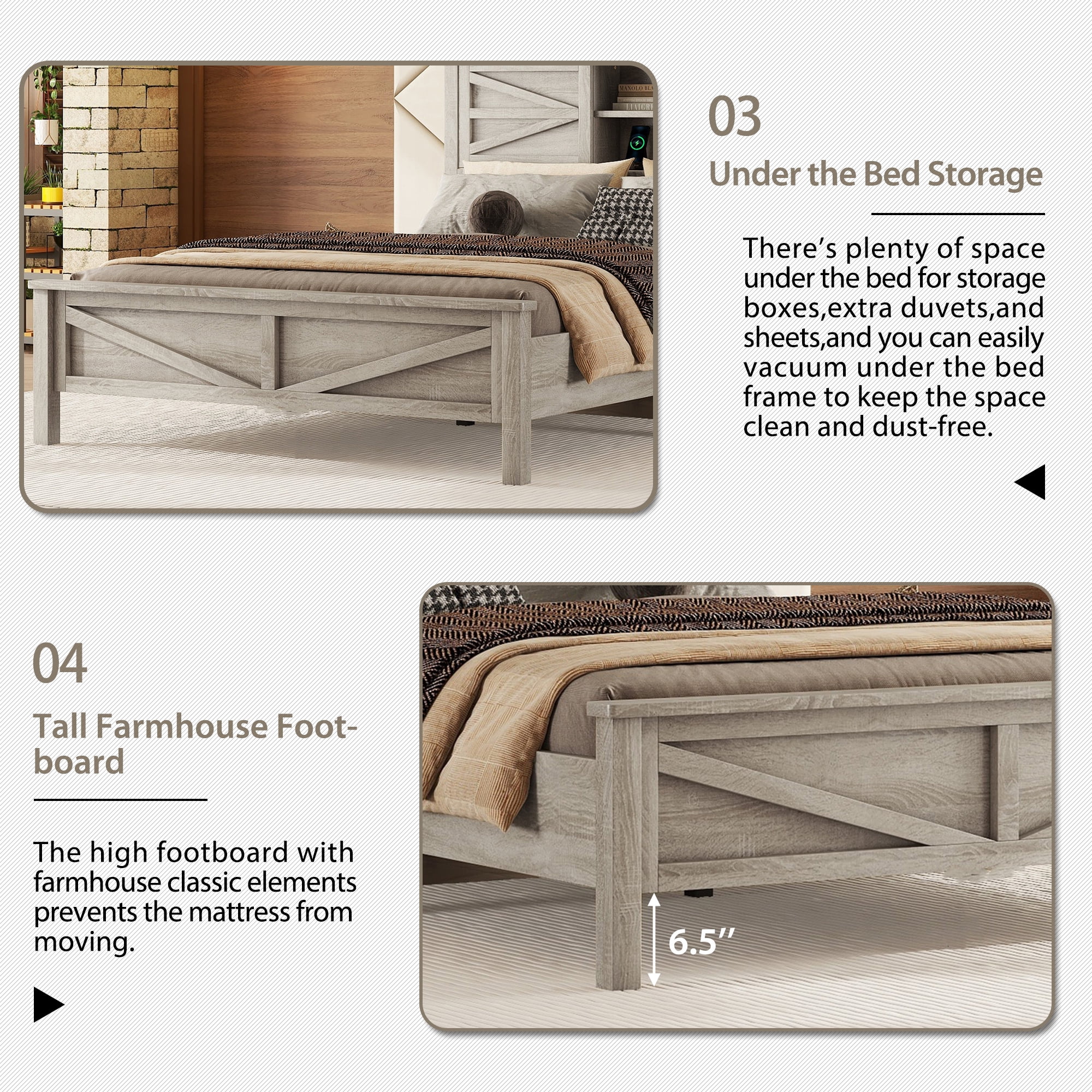 Mintazer Farmhouse 3-Piece Bedroom Set with Nightstand & 6-Drawer Dresser, Queen Platform Bed with Storage Headboard, Gray